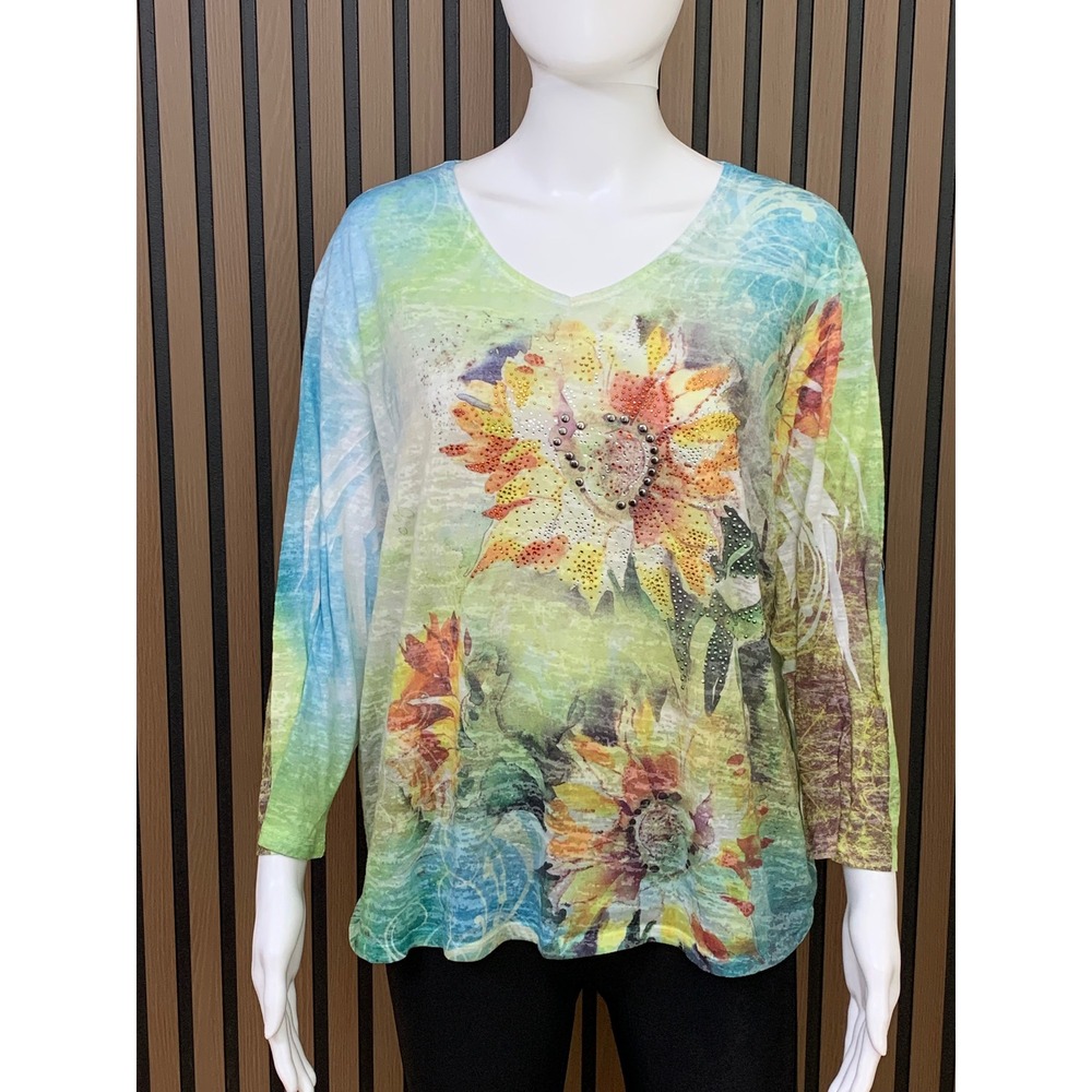 Jess & Jane Sunflower Burnout V-Neck Rhinestone Graphic Top XL Blue Art USA